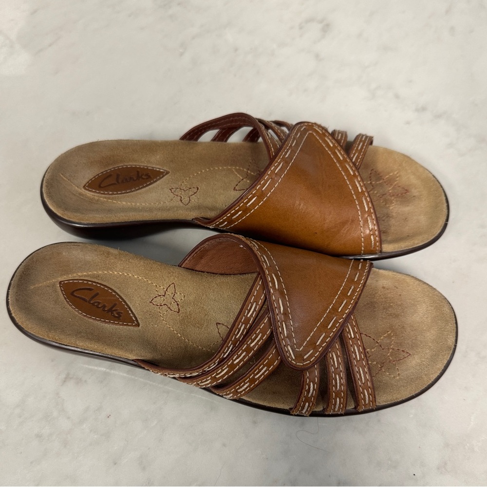 Clarks Brown Leather Slide Sandals